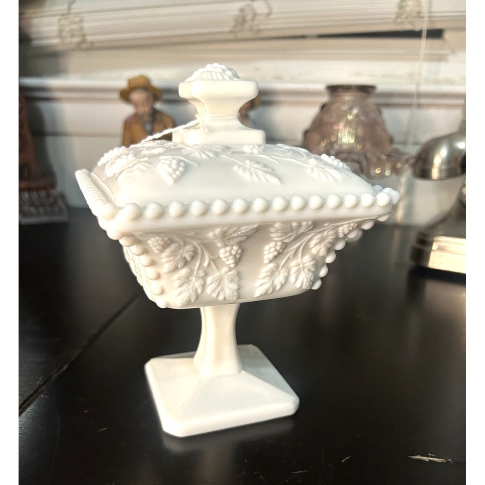 Westmoreland Milk Glass Beaded Grape Covered Compote Pedestal Jar Vintage